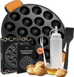 Ocina Poffertjespan – Combo Pack – 19 Poffertjes – Poffertjesmaker – Poffertjespan Inductie – Poffertjespan Electrisch – Gietijzeren Pan - Inclusief Doseerfles, Handvaten, 6x Poffertjesvorken En Invetkwast – Gratis Receptenboek