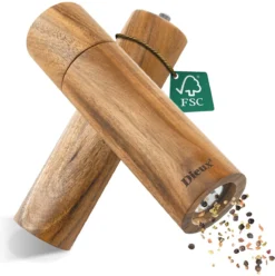 Dieux® - Peper En Zoutmolen Set - Cilinder Vorm - 22CM - Zout Peper Kruiden - 2 Stuks - Acacia Hout - Instelbare Maalgraad - Duurzaam - Luxe Kwaliteit - Hervulbaar - Pepermolen - Zoutmolen - BBQ Accesoires - Pasen
