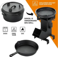 Dutch Mountains Gietijzeren Pannenset 7-delig - Dutch Oven – Braadpan - Grillpan - Hapjespan - Kookset In Houten Transportkist - Deksellifter - Brander -Home Keuken Winkel 1200x1185 3