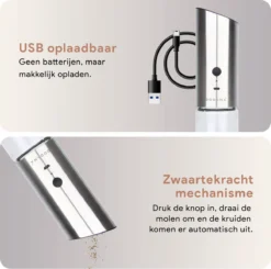 DODANA Premium Peper - & Zoutmolen Elektrisch - 1 Stuk - Pepermolen - Zoutmolen - Oplaadbaar - USB - Elektrische Pepermolen - RVS - Zwaartekracht Functie - LED Lamp - Nl Handleiding - Incl Borsteltje -Home Keuken Winkel 1200x1192