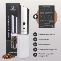 DODANA Premium Peper - & Zoutmolen Elektrisch - 1 Stuk - Pepermolen - Zoutmolen - Oplaadbaar - USB - Elektrische Pepermolen - RVS - Zwaartekracht Functie - LED Lamp - Nl Handleiding - Incl Borsteltje -Home Keuken Winkel 1200x1199 7