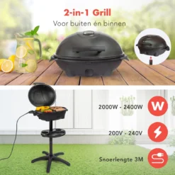 KitchenBrothers Elektrische BBQ - Met Grillplaat - Anti-aanbaklaag - Incl. Plank/Houders - Grilloppervlak 46,5x33,8cm - Tot 300°C - 2400W - Zwart -Home Keuken Winkel 1200x1200 1013
