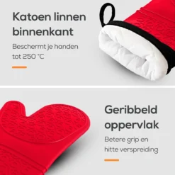 KitchenLove Ovenwanten - 2 Stuks Ovenhandschoenen - Hittebestendig Tot 250 °C - Siliconen - Rood -Home Keuken Winkel 1200x1200 517