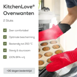 KitchenLove Ovenwanten - 2 Stuks Ovenhandschoenen - Hittebestendig Tot 250 °C - Siliconen - Rood -Home Keuken Winkel 1200x1200 518