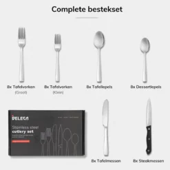 Deleca 8 Persoons Bestekset (48-delig) - Lepels, Messen, Vorken & Steakmessen - Vaatwasserbestendig - Zilver / RVS -Home Keuken Winkel 1200x1200 588
