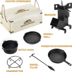 Dutch Mountains Gietijzeren Pannenset 7-delig - Dutch Oven – Braadpan - Grillpan - Hapjespan - Kookset In Houten Transportkist - Deksellifter - Brander -Home Keuken Winkel 1200x1200 911