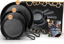 Ocina Gietijzeren Pan – Set Van 3 Stuks – ø25cm, ø19.5cm En ø16cm - Skillet - Koekenpan – Hapjespan – Koekenpan Inductie – Koekenpannenset - Gietijzeren Pan Bbq - Gietijzer - Incl. Receptenboek