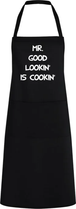 Roly Keukenschort Mr. Good Lookin' Is Cookin' - One Size - Zwart - Vaderdag Cadeau - Papa Cadeau - Cadeau Voor Hem - Cadeau Voor Vader - Keukenschort Met Tekst